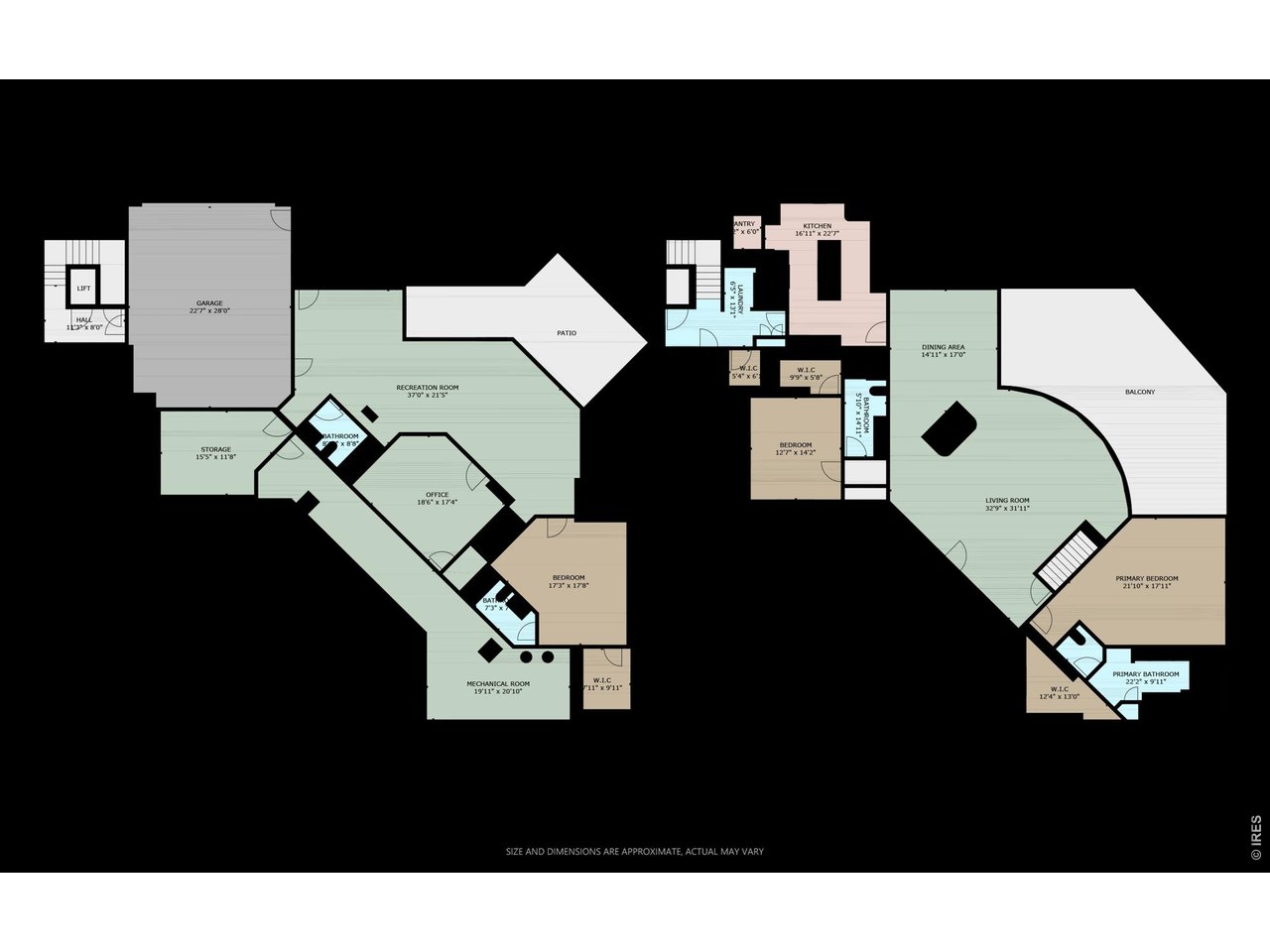 Floor plan showing the home’s rooms, garage, patio, and balcony.