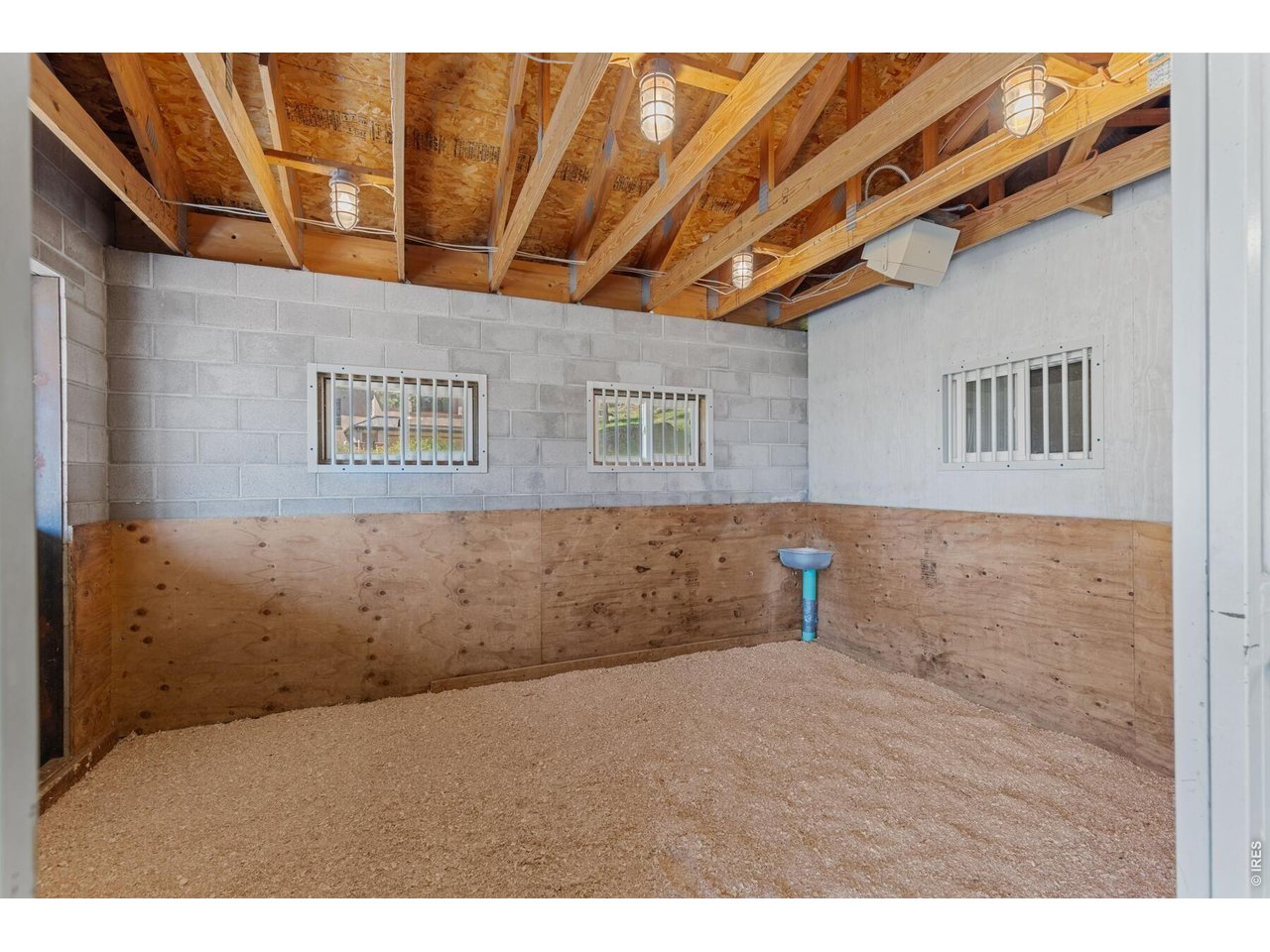 Unfinished room with exposed roof framing, plywood-lined walls, barred windows, and a granular floor.