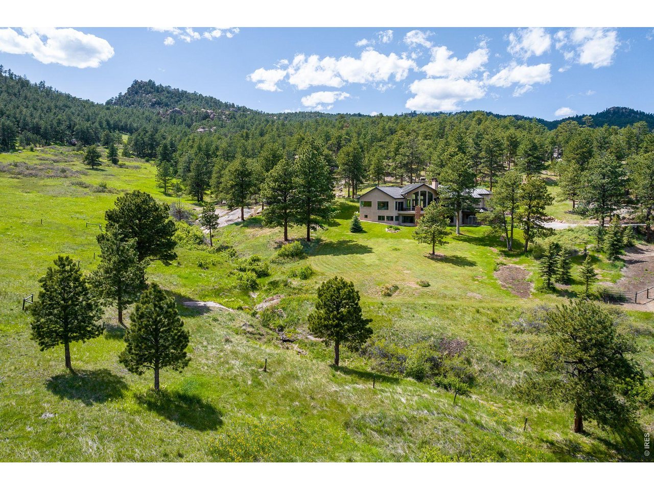 Home in a broad green meadow with pine trees and forested mountains behind it.