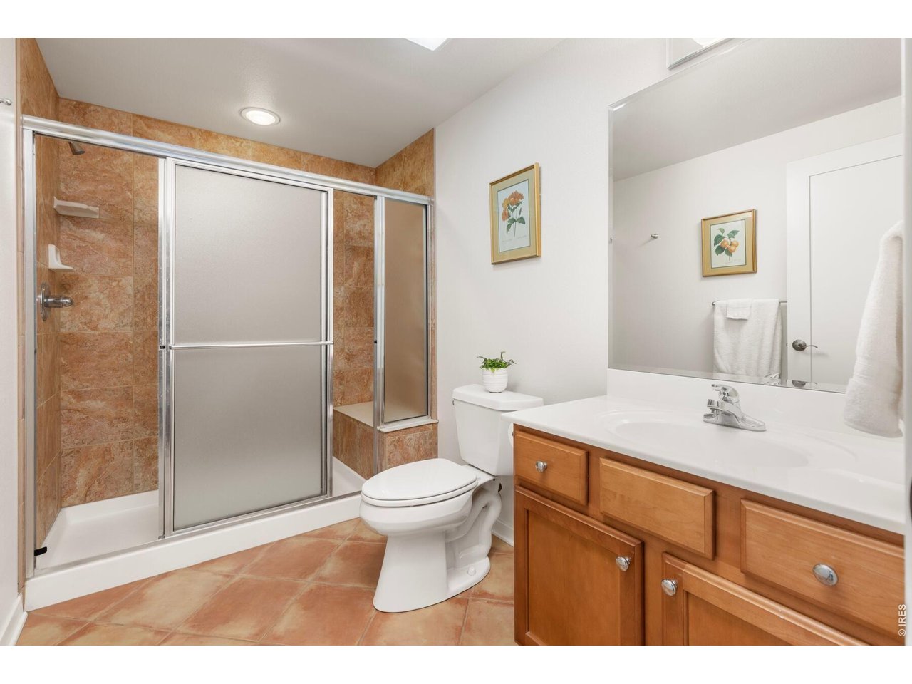 Bathroom with a terracotta-tiled shower, matching floor, and wood vanity.
