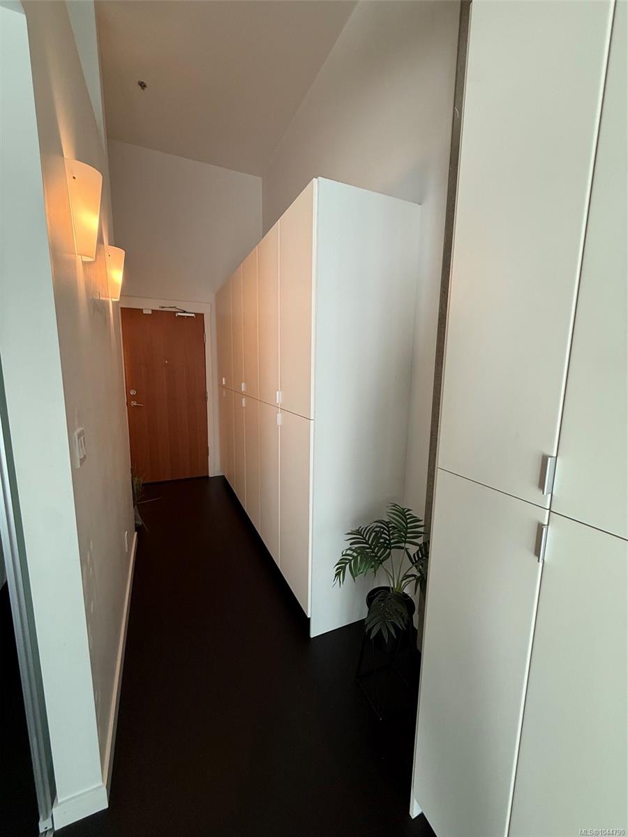 Condo entry hall with tall white storage cabinets, a wooden door, and a potted plant.
