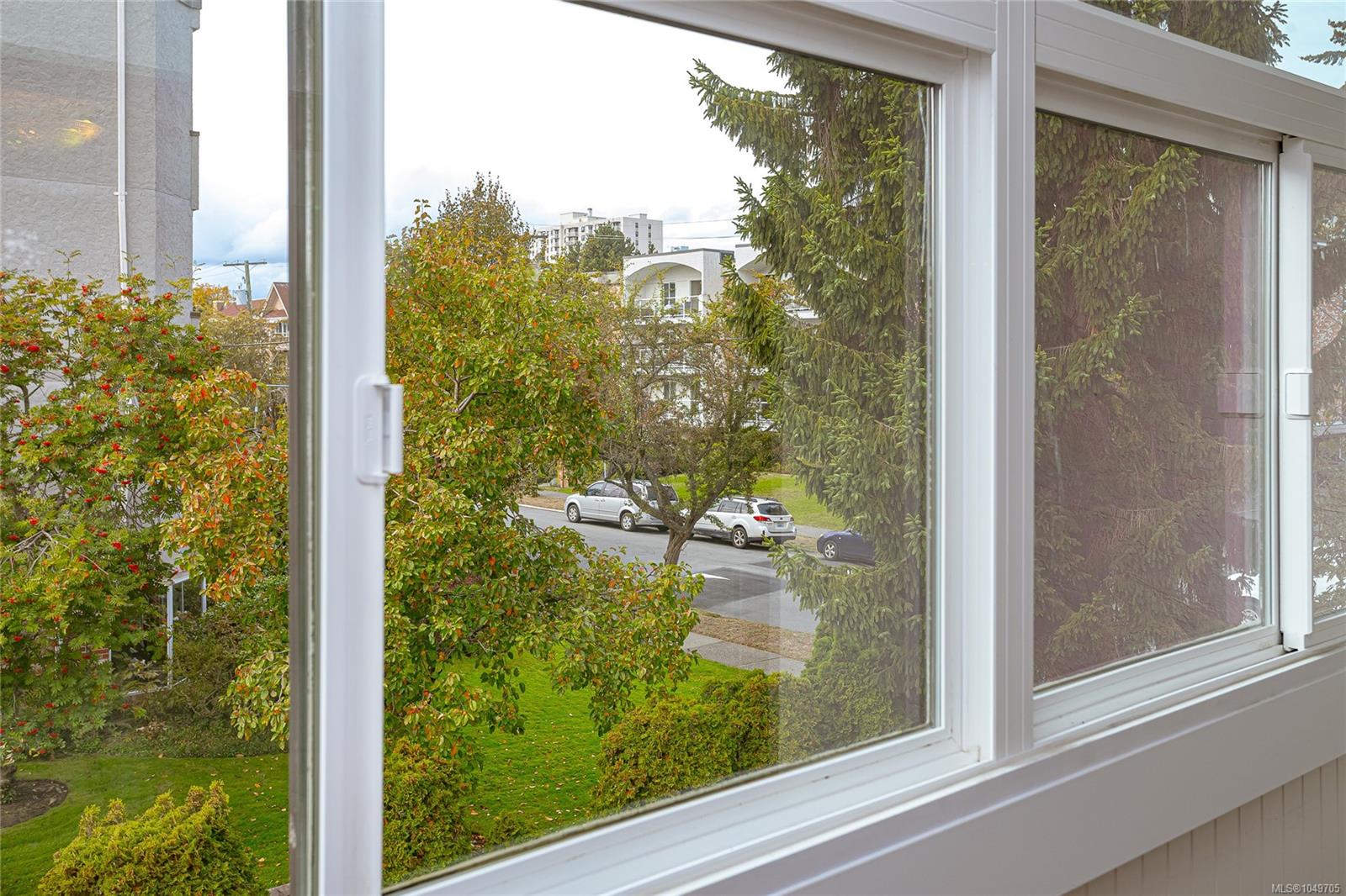 Window view over a leafy residential street with parked cars and autumn-colored trees.
