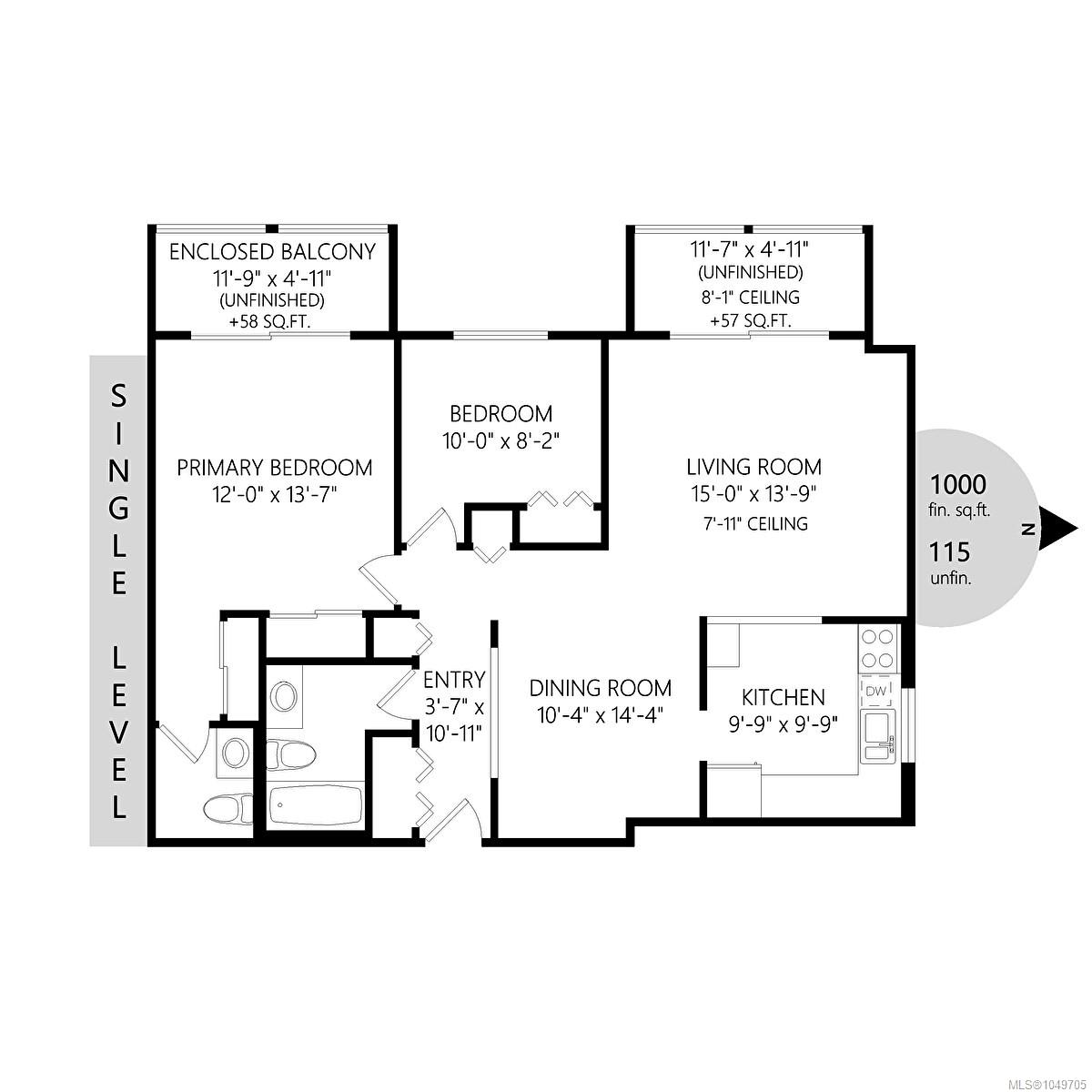 Single-level condo floor plan with two bedrooms, living and dining rooms, kitchen, bathrooms, and two enclosed balconies.