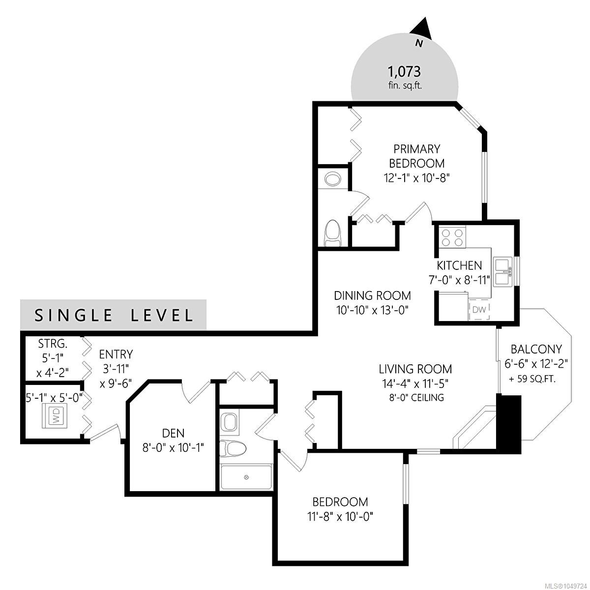 Single-level floor plan with two bedrooms, a den, and a 59-square-foot balcony.