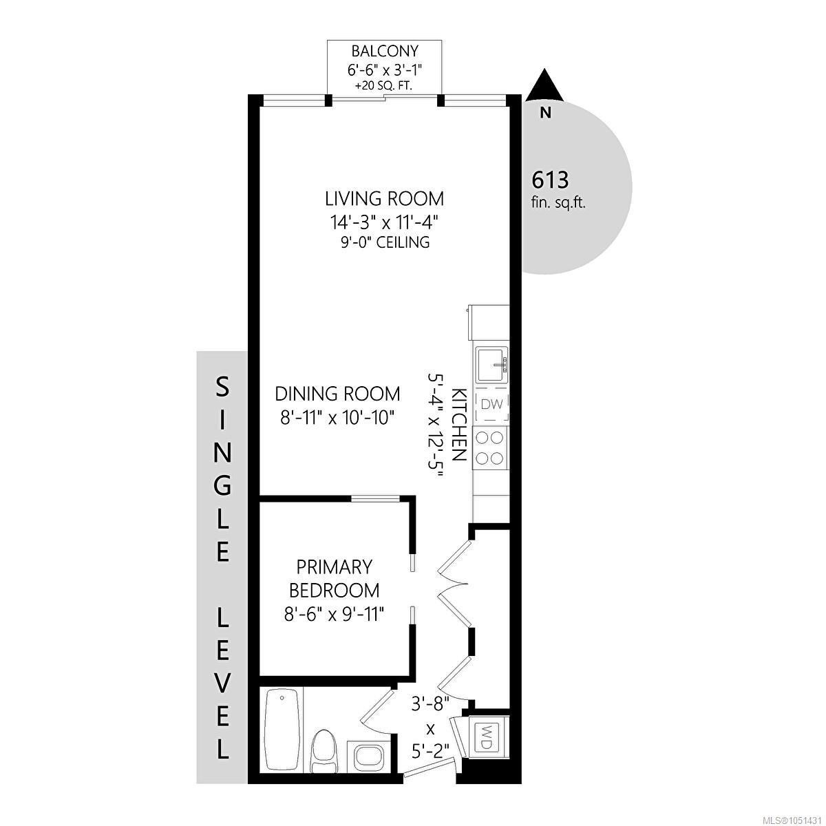 Floor plan of a 613-square-foot single-level unit with a balcony, open living and dining area, kitchen, bedroom and bathroom.