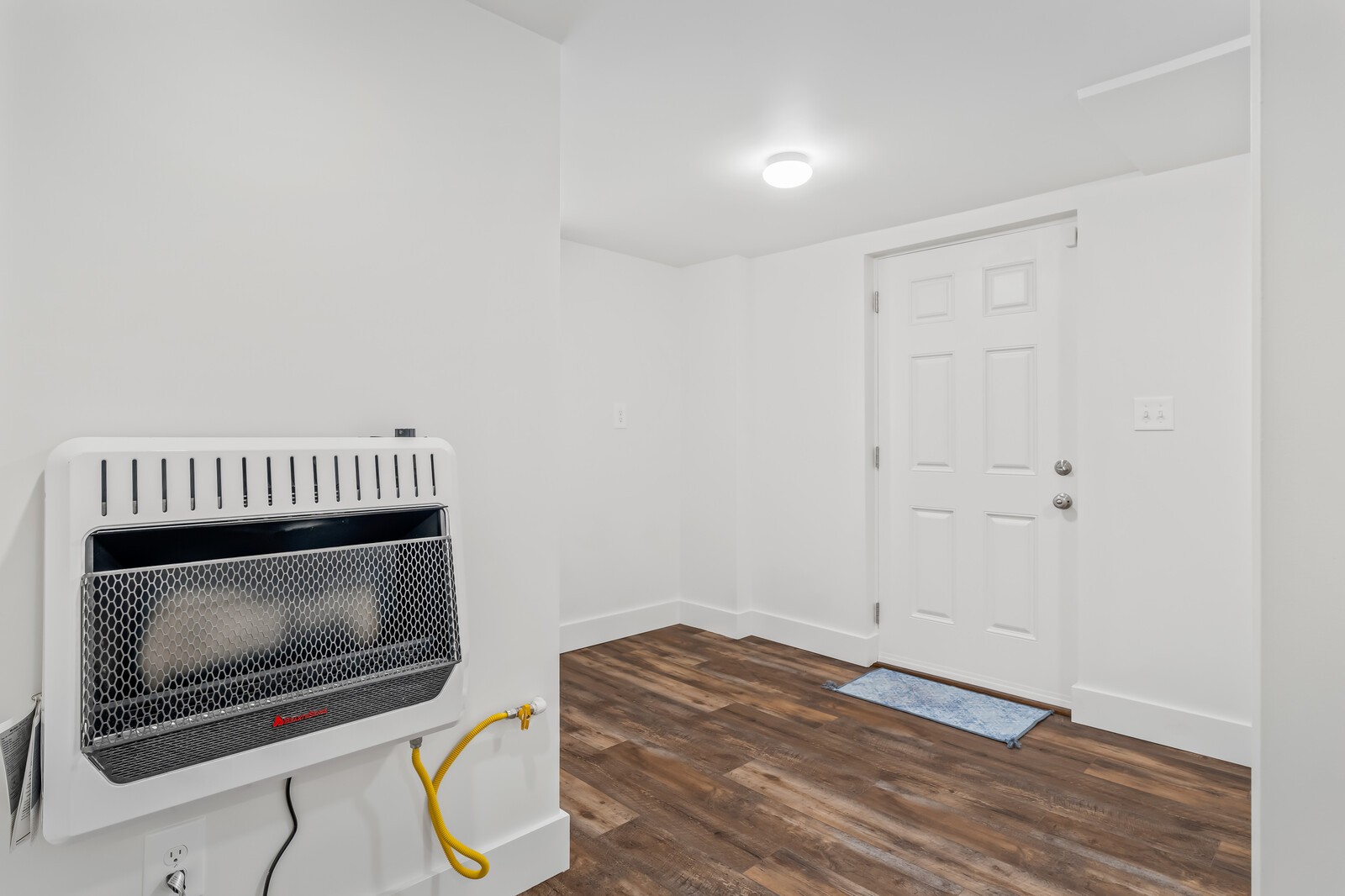 Entry area with a wall-mounted gas heater, white door, and brown wood-look flooring.