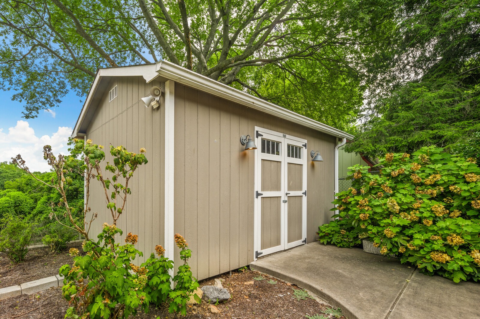Beige garden shed with white double doors, surrounded by hydrangeas and mature trees.