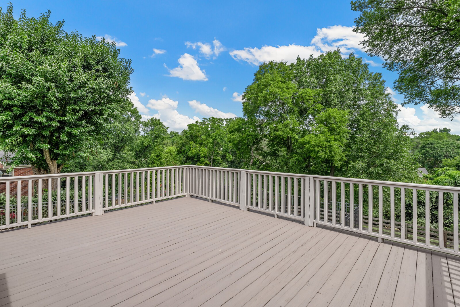 Spacious gray deck with pale railings overlooking leafy trees.