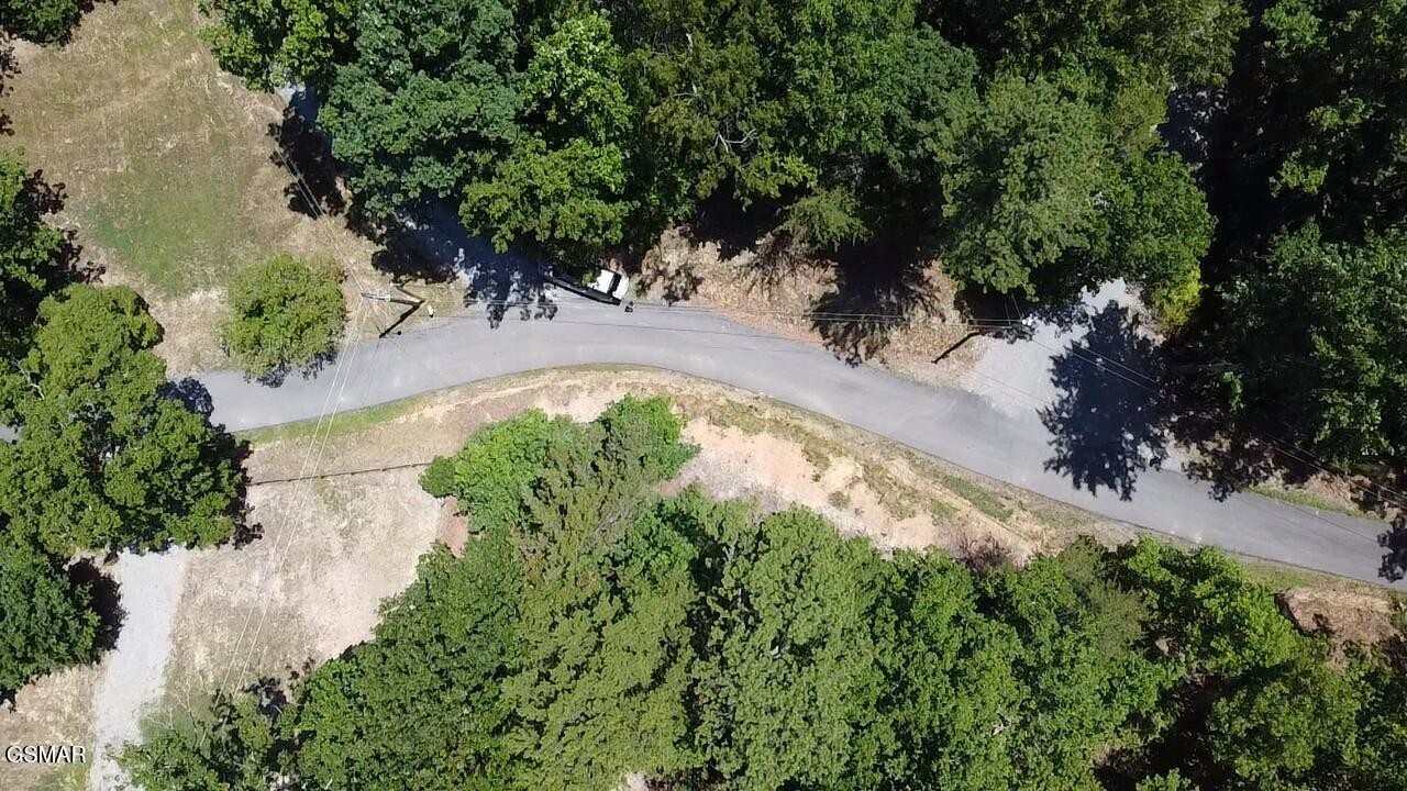 Aerial view of wooded vacant land with cleared patches beside a curving paved road.