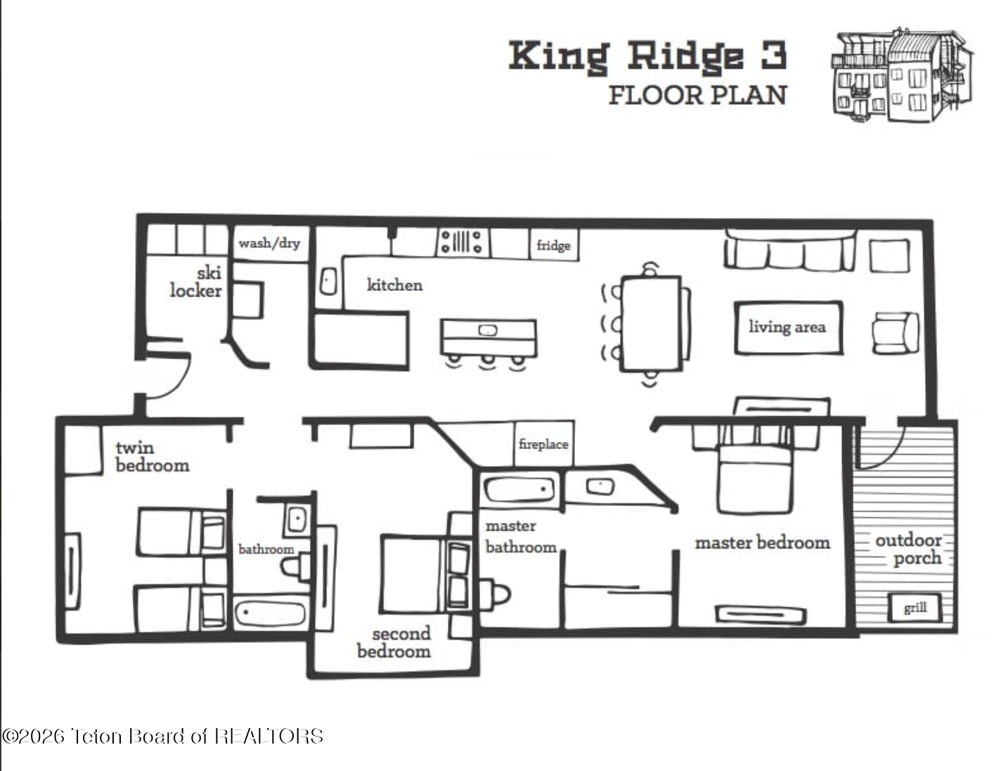King Ridge 3 floor plan with three bedrooms, two bathrooms, living area, and outdoor porch.
