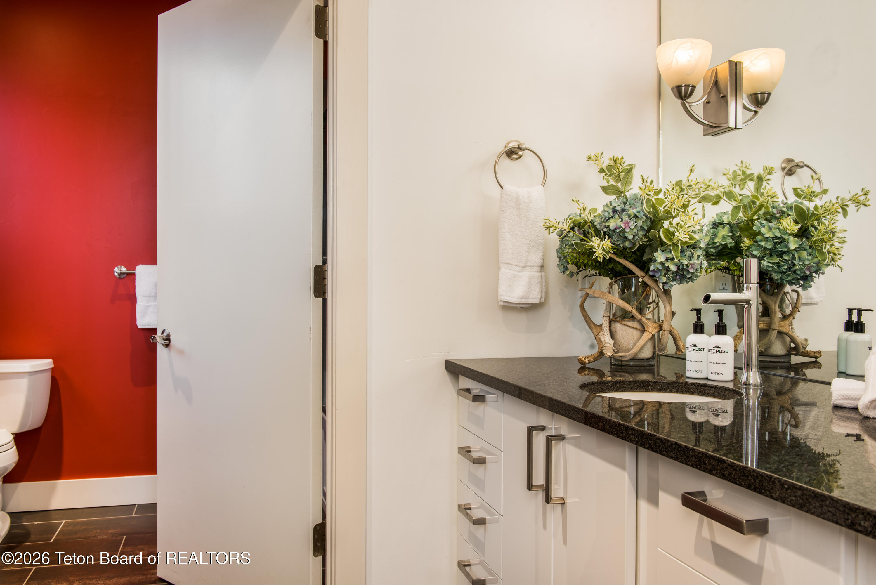 Bathroom vanity with dark stone countertop, white cabinetry, and greenery beside a red accent wall.