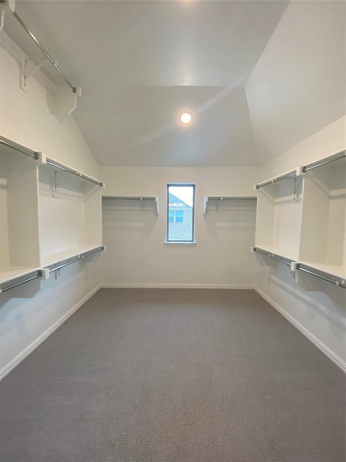 Walk-in closet with wraparound shelves and hanging rods, carpeted floor, and a small window.