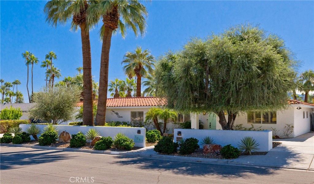 Single-story Palm Springs home with a terracotta tile roof, mature palms, and desert landscaping.