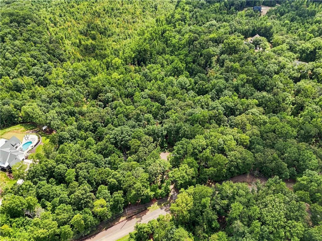 Aerial view of wooded acreage beside a road, with a nearby home and swimming pool.