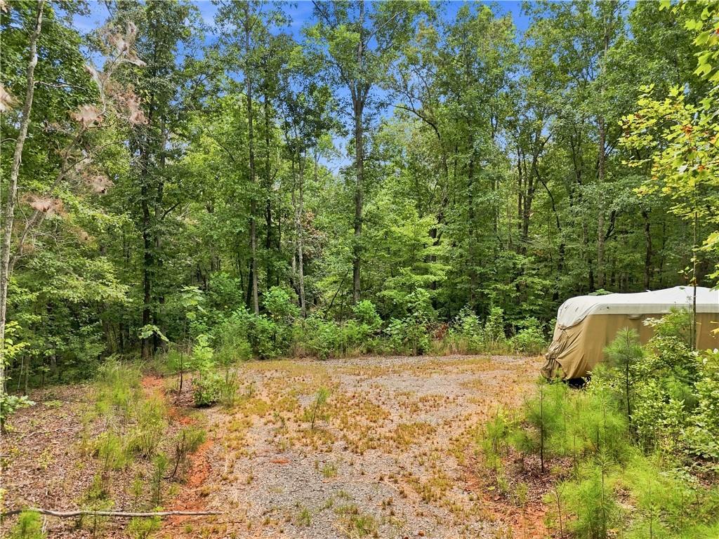 Wooded property with a gravel clearing and a tan-covered object among the trees.