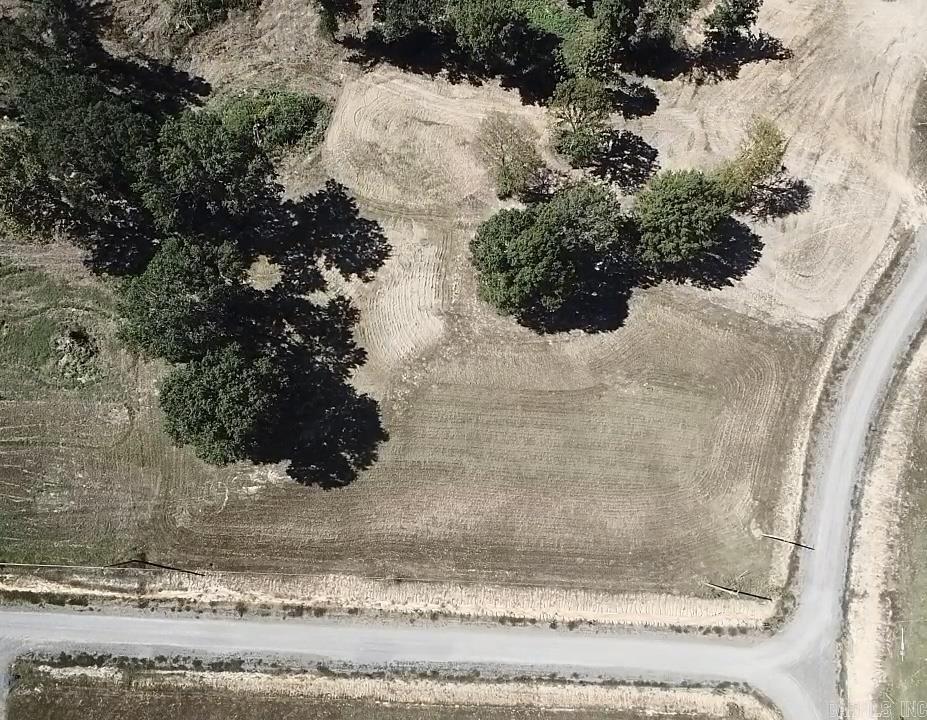 Aerial view of a cleared lot with mature trees beside a gravel road.