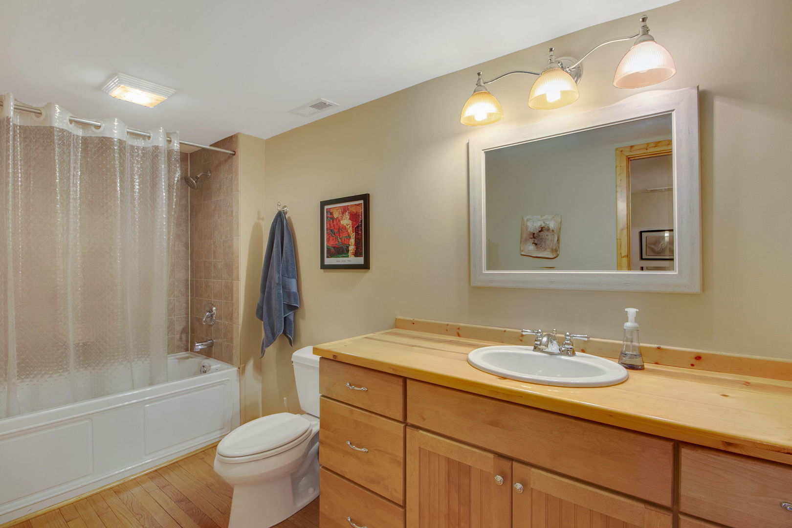 Bathroom with a wooden vanity, large mirror, and tub-shower behind a curtain.