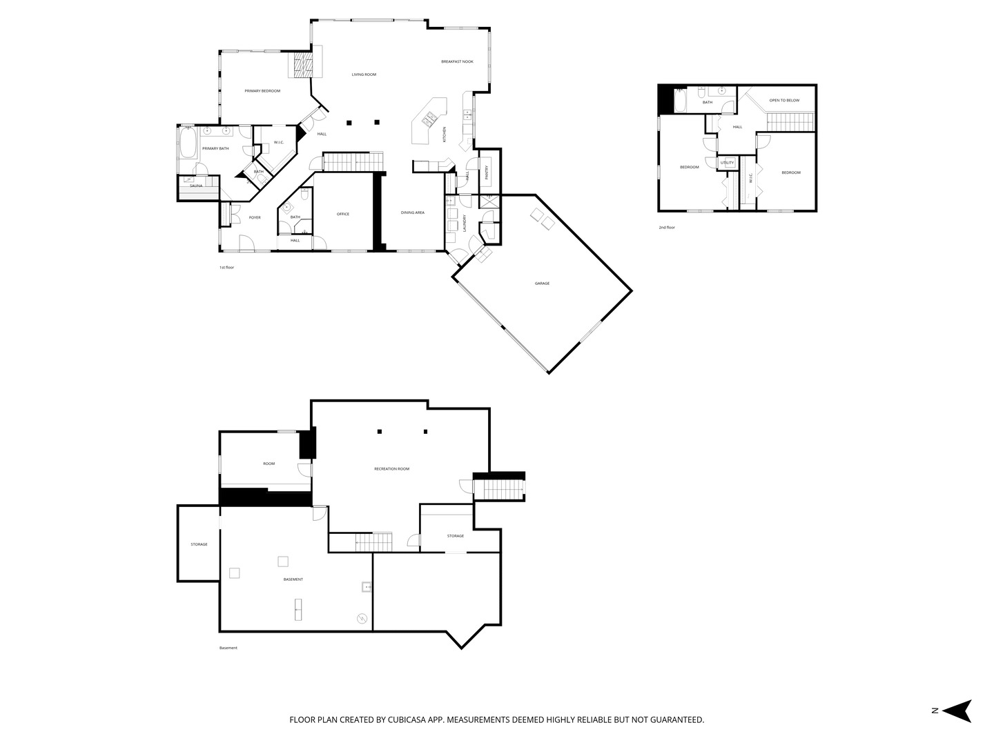 Three-level home floor plan showing first floor, second floor, basement, and attached garage.