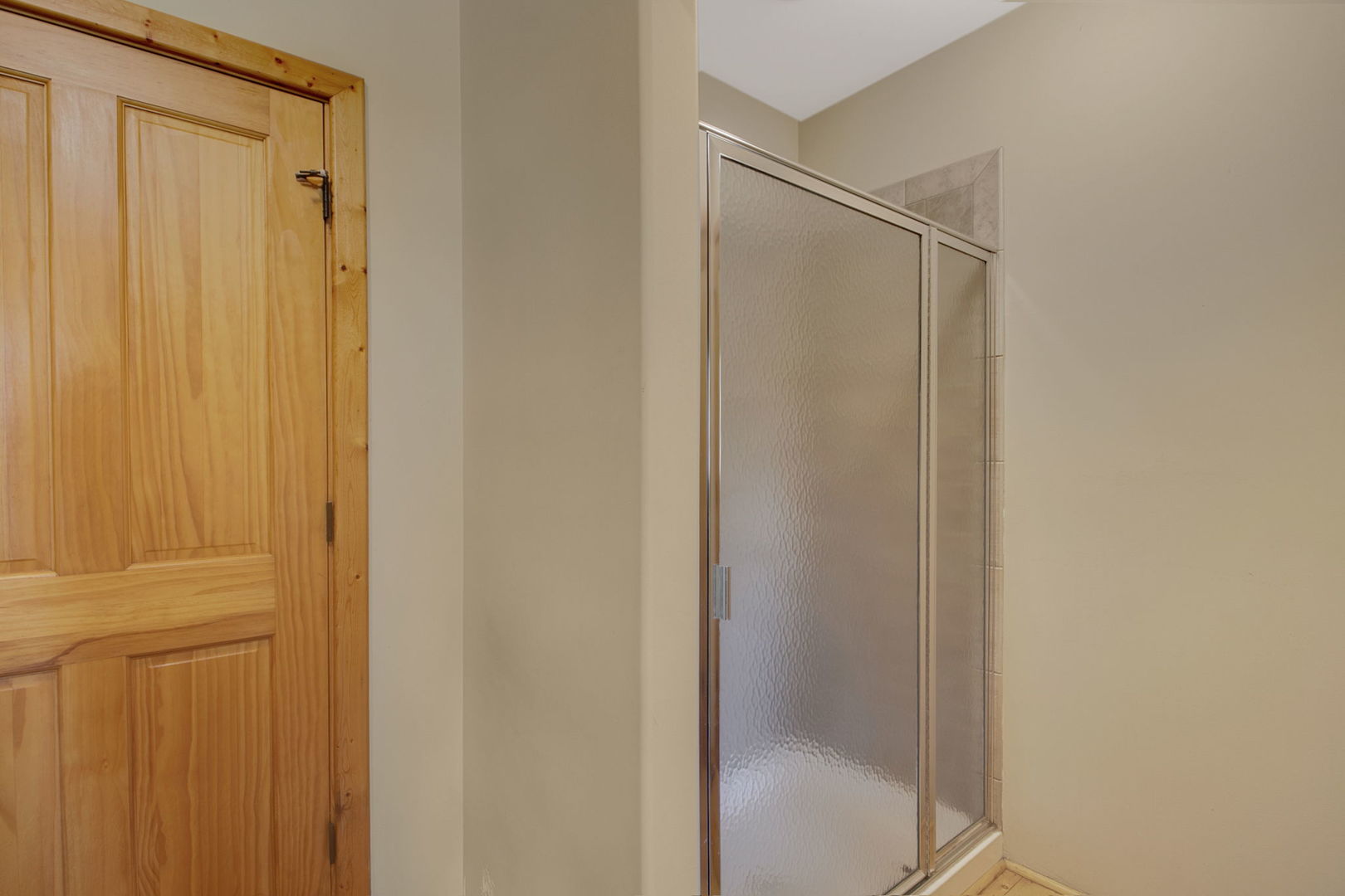 Bathroom shower with frosted-glass sliding doors beside a natural wood paneled door.
