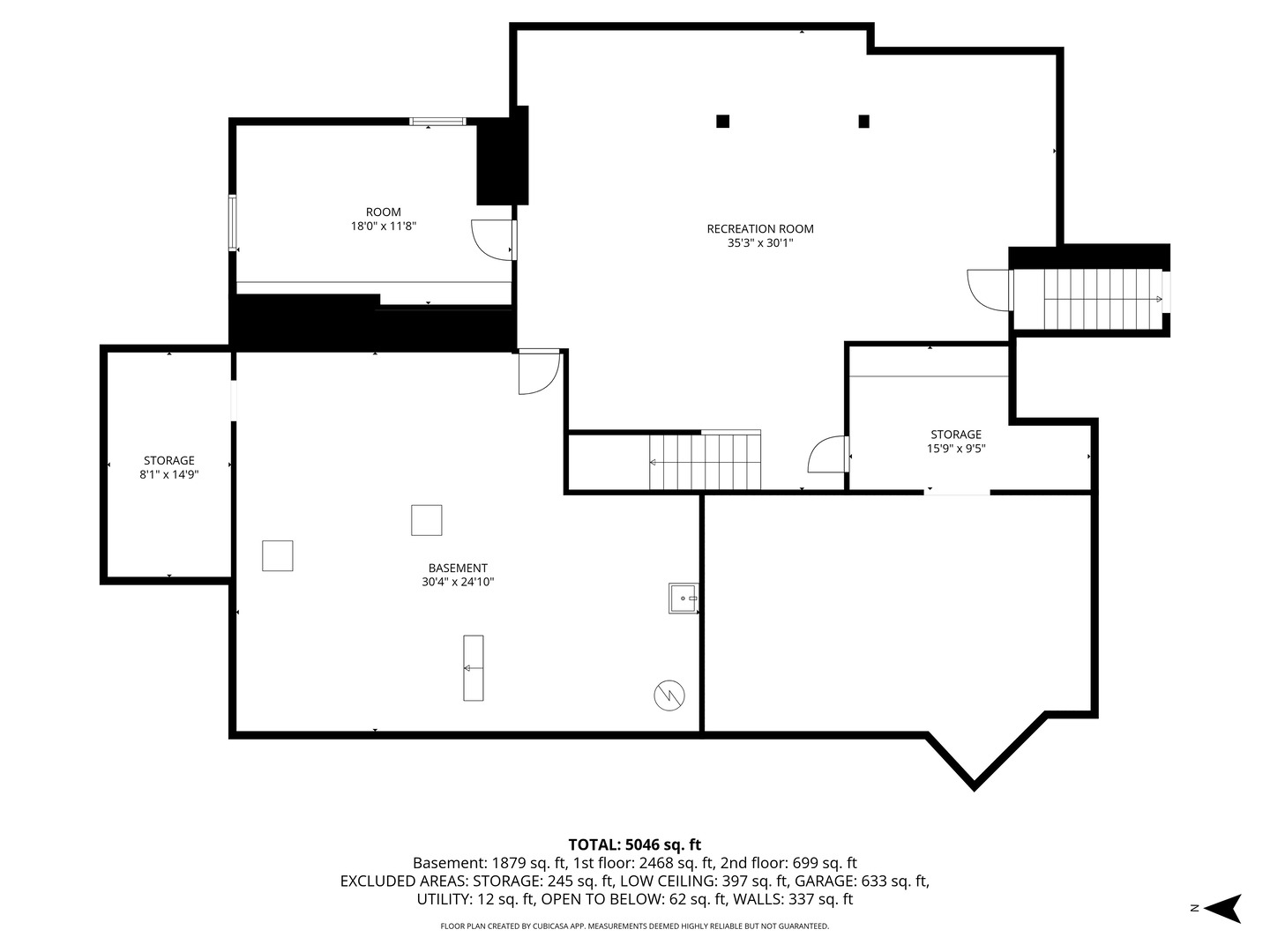 Basement floor plan with recreation room, room dimensions, and two storage areas.