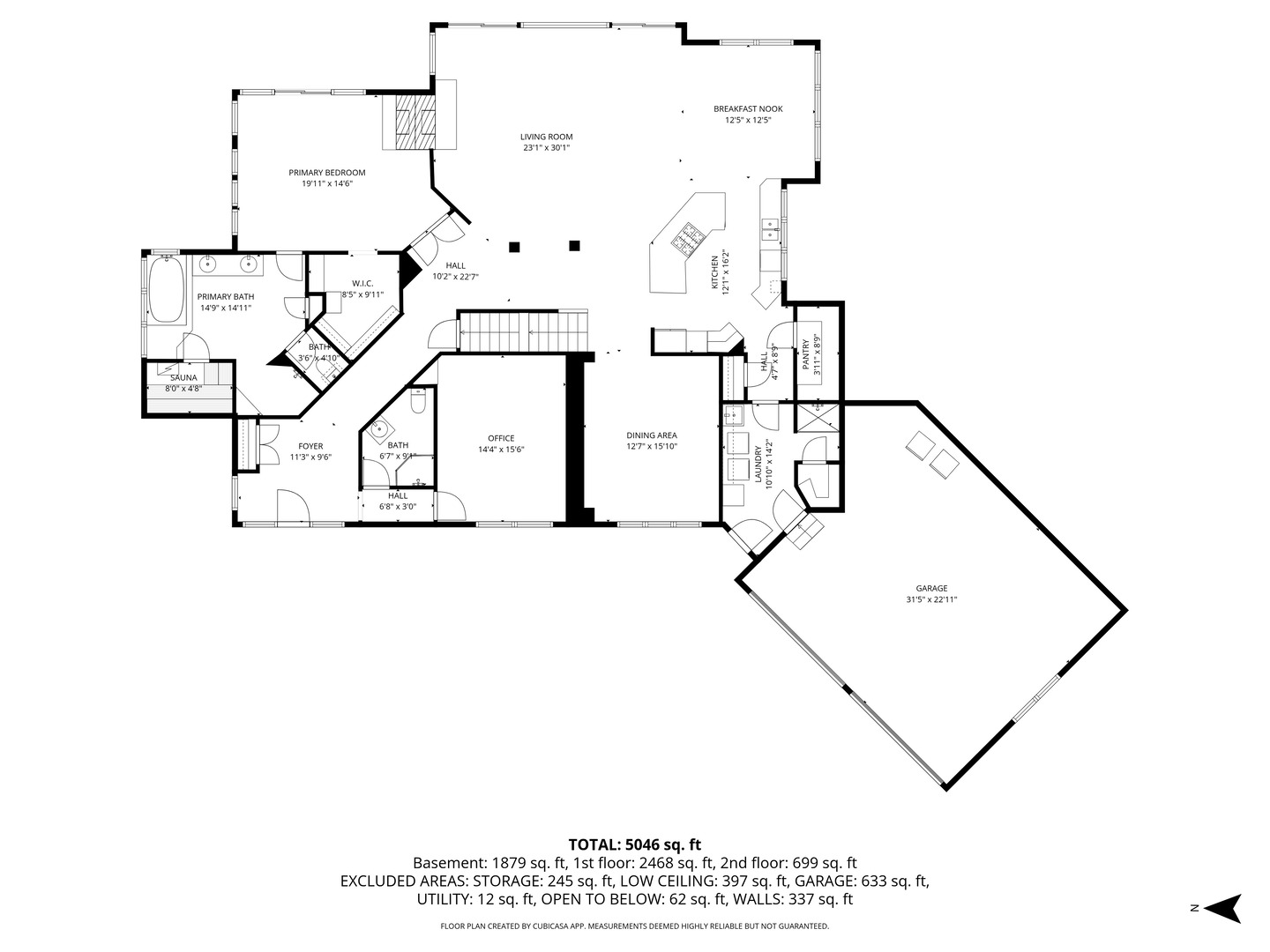 Floor plan showing the home's living areas, primary suite, sauna, office, and attached garage.