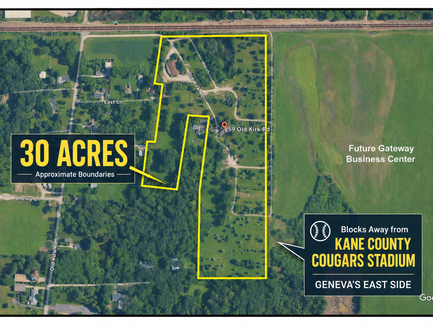 Map marking the approximate boundaries of 30 acres at 859 Old Kirk Road near Kane County Cougars Stadium.