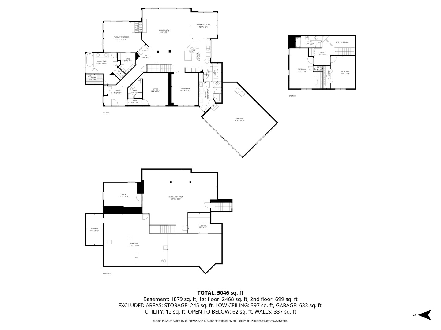 Three-level floor plan with labeled rooms, a garage, and total area of 5,046 square feet.