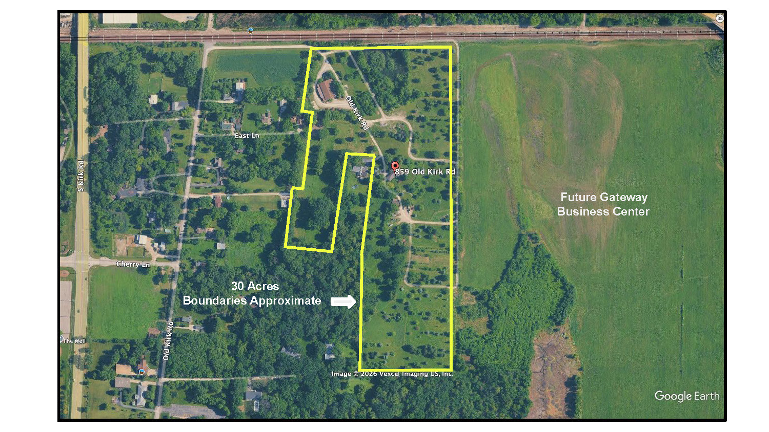Aerial map of a roughly 30-acre property outlined in yellow beside the Future Gateway Business Center.