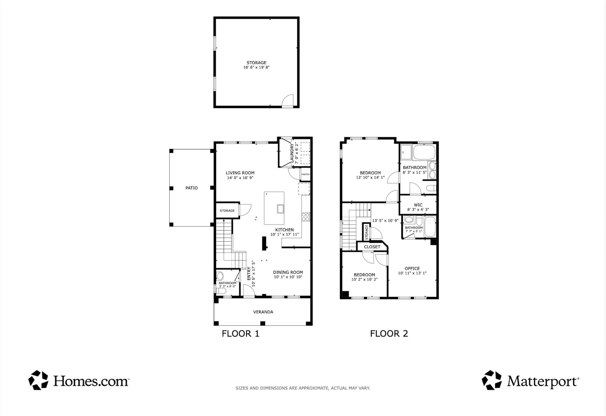 Two-story home floor plan with labeled rooms, dimensions, patio, veranda, and separate storage room.