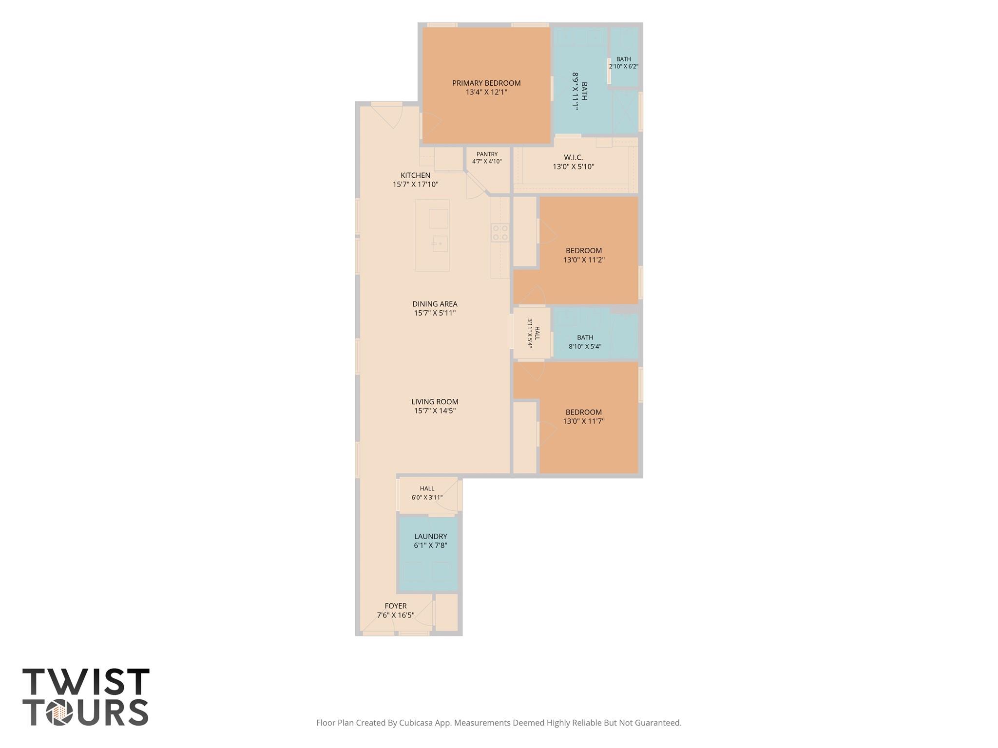 Floor plan showing three bedrooms, three bathrooms, kitchen, dining and living areas, laundry, and foyer.