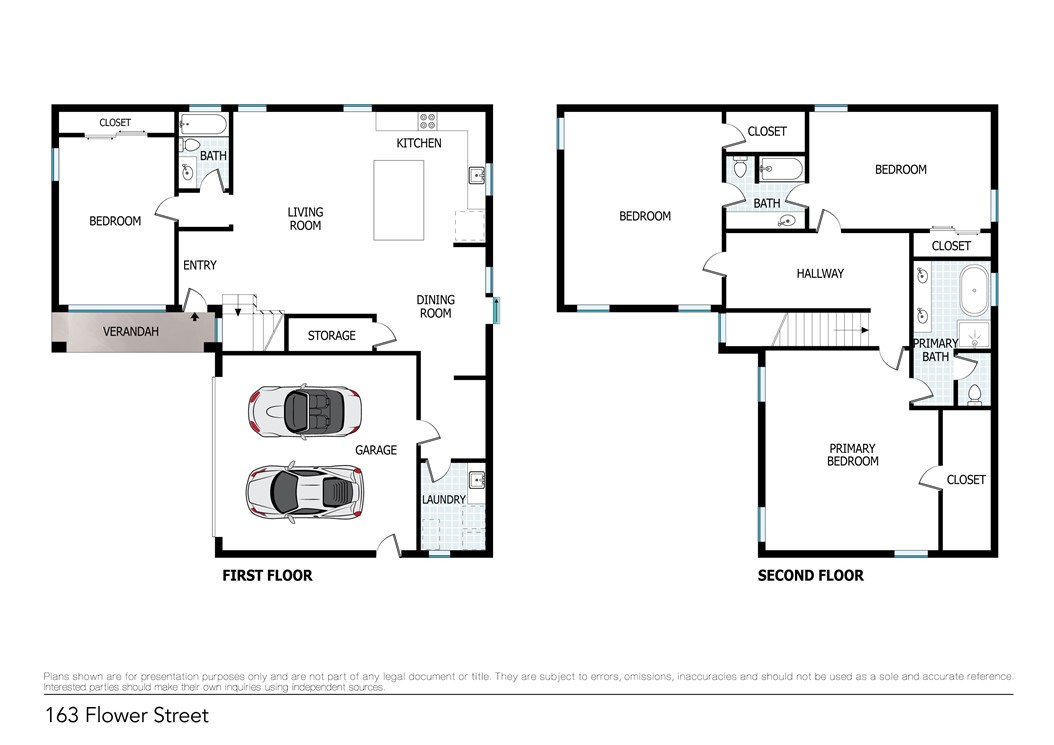 Two-story floor plan for 163 Flower Street, with a two-car garage and three bedrooms.