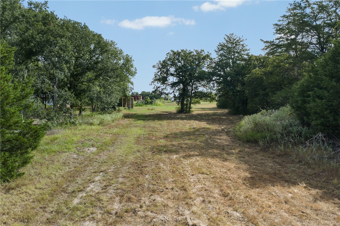 Cleared rural lot bordered by mature trees, with a grassy opening extending into the property.