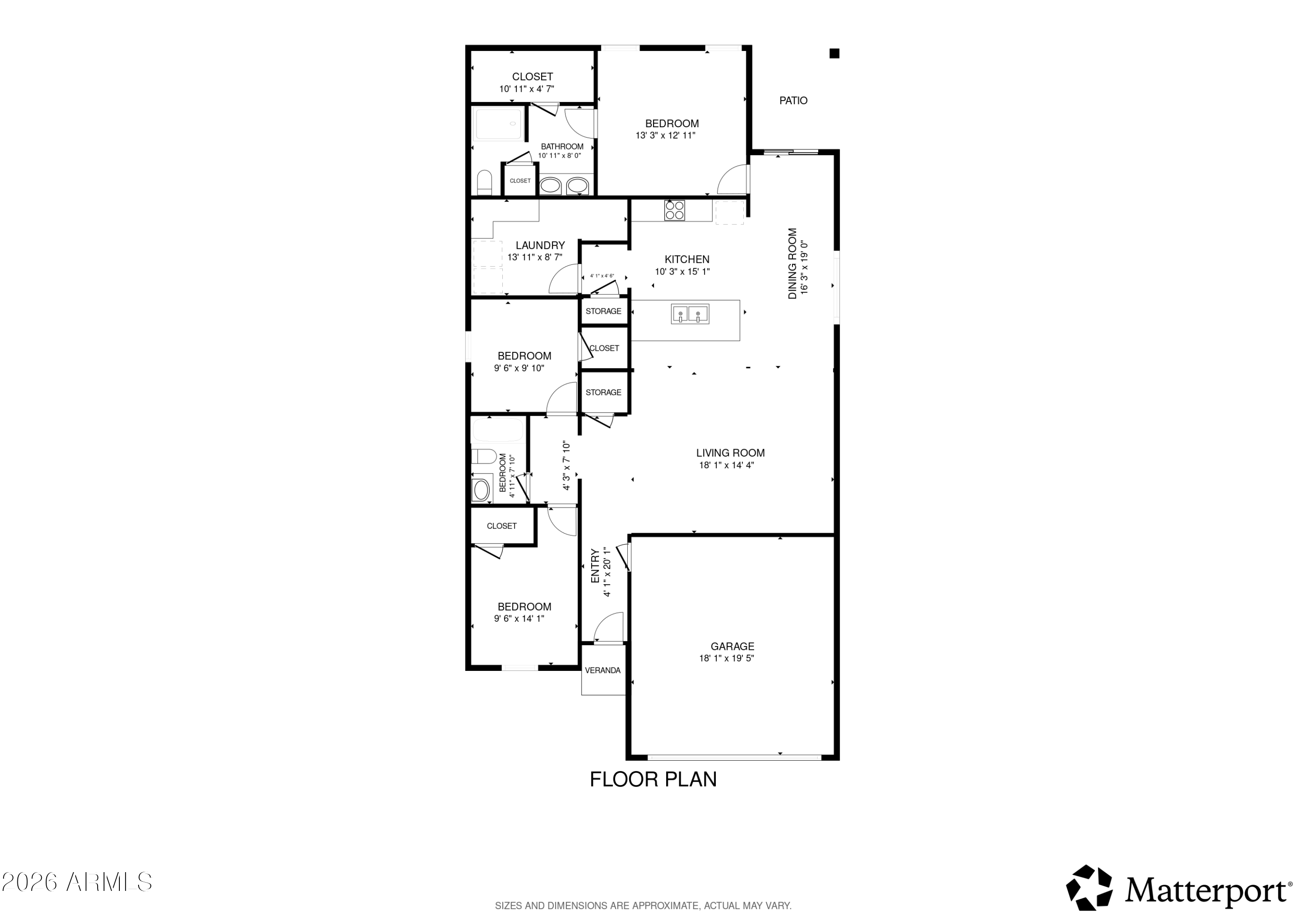 Floor plan showing four bedrooms, kitchen, dining and living rooms, patio, veranda, and garage.