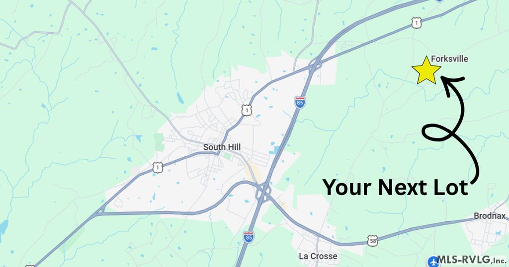 Map marking “Your Next Lot” near Forksville, northeast of South Hill.