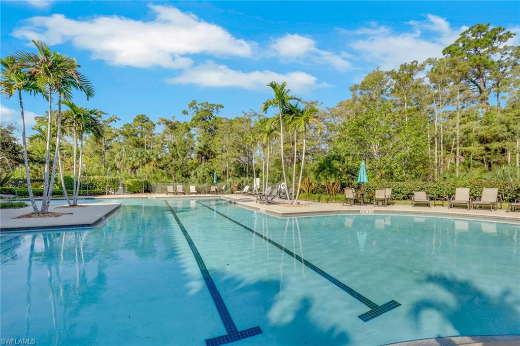 Outdoor pool with lap lanes, palm trees, and lounge chairs surrounded by lush landscaping.