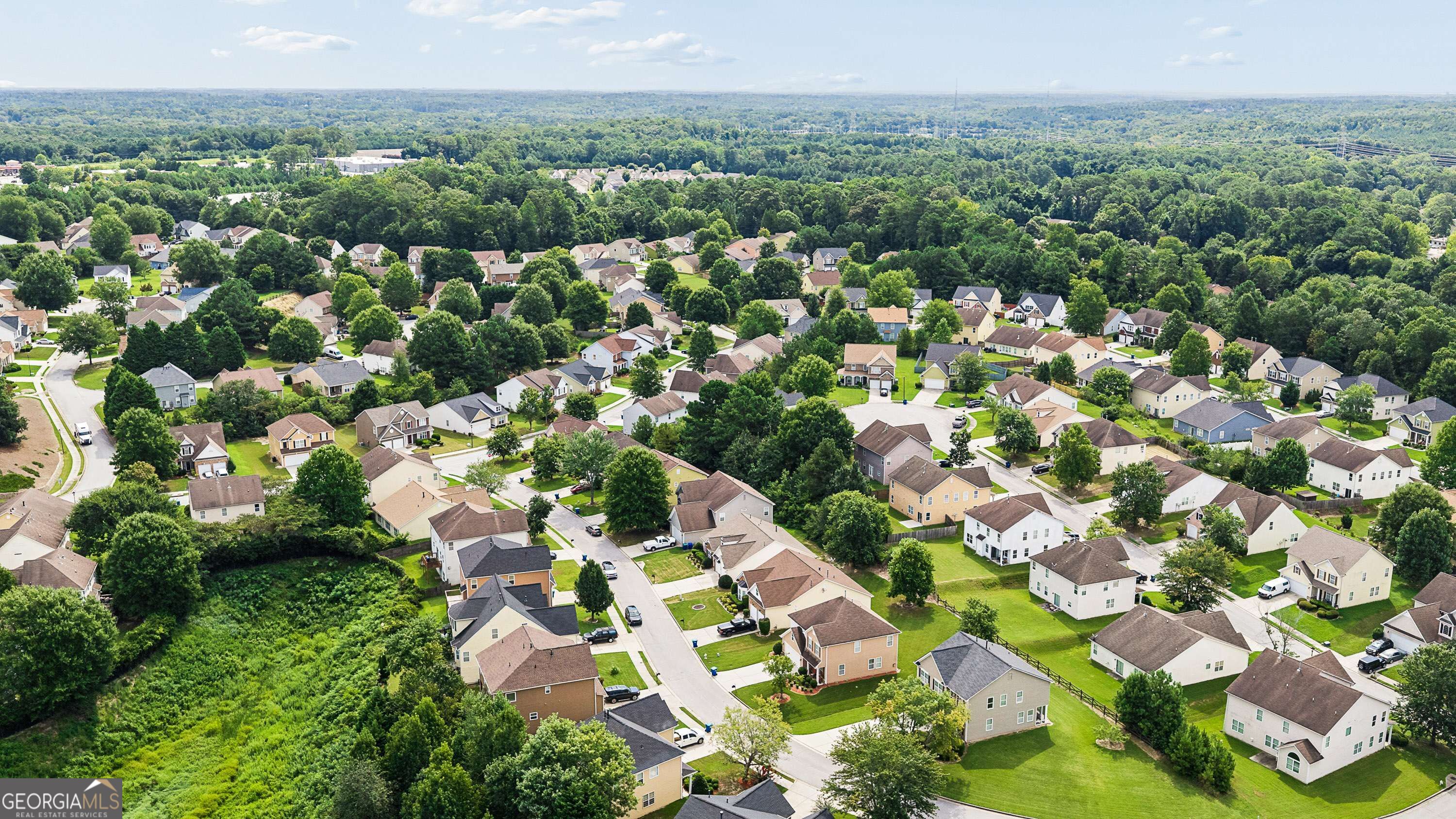 Aerial view of a leafy residential neighborhood with detached homes and curving streets.