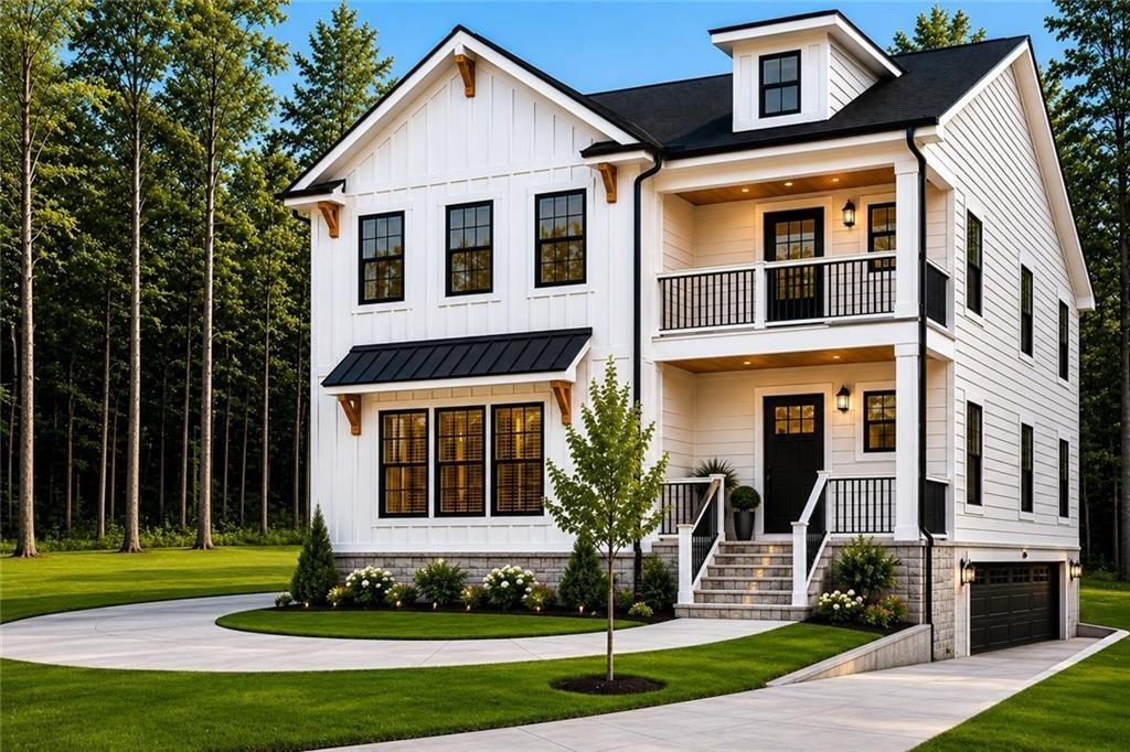 White two-story farmhouse with black trim, covered balcony, landscaped lawn, and attached garage.