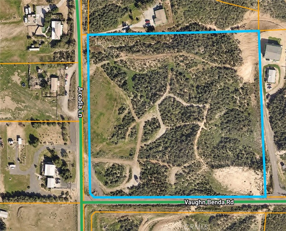 Aerial view of a wooded, brush-covered parcel outlined in blue beside Arcadia Lane and Vaughn Benda Road.