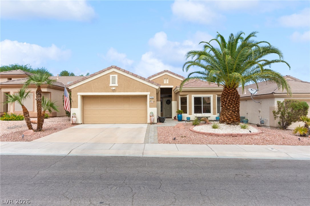 Single-story stucco home with a two-car garage, desert landscaping, and a large palm tree.