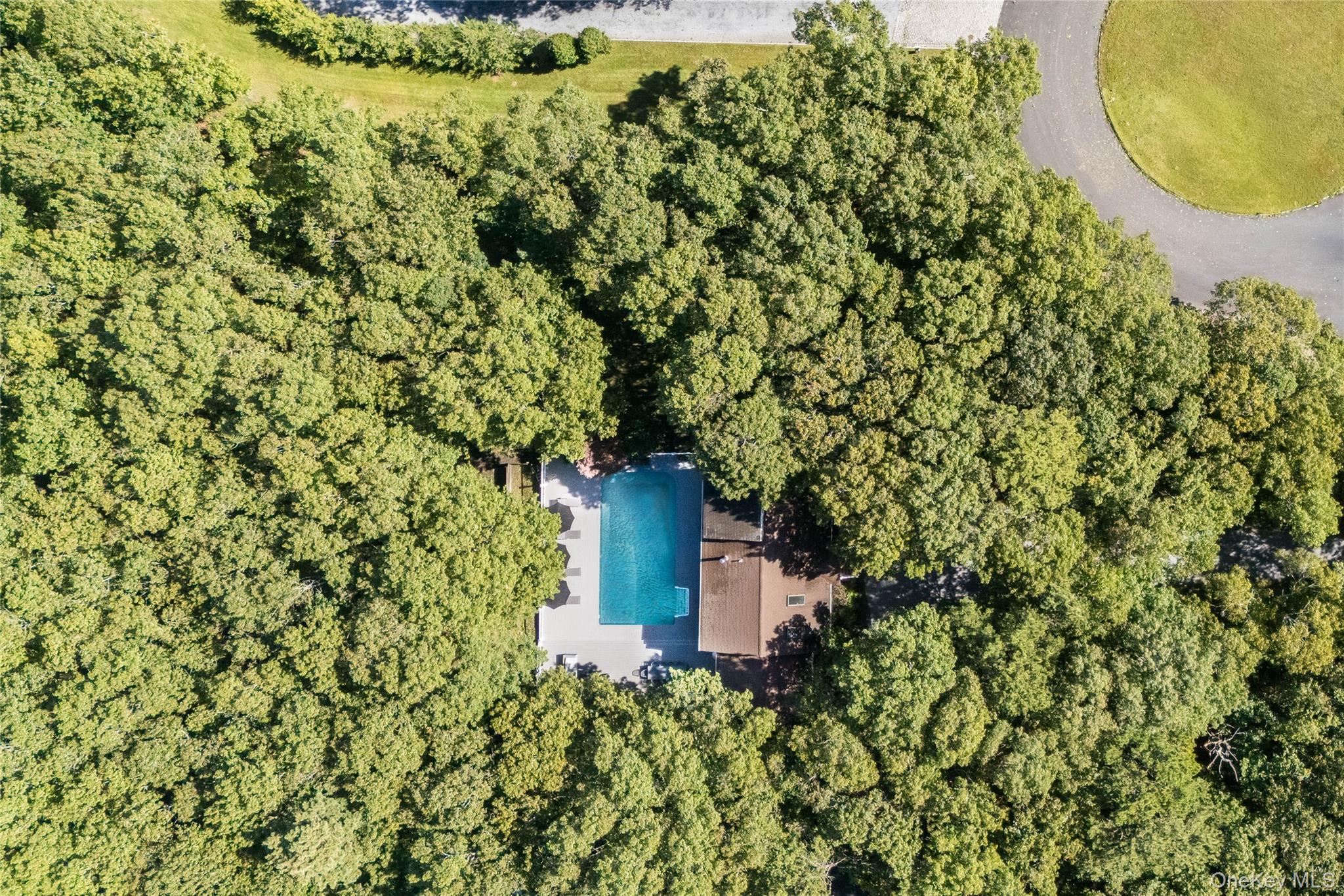 Aerial view of a wooded property with a swimming pool beside the house.