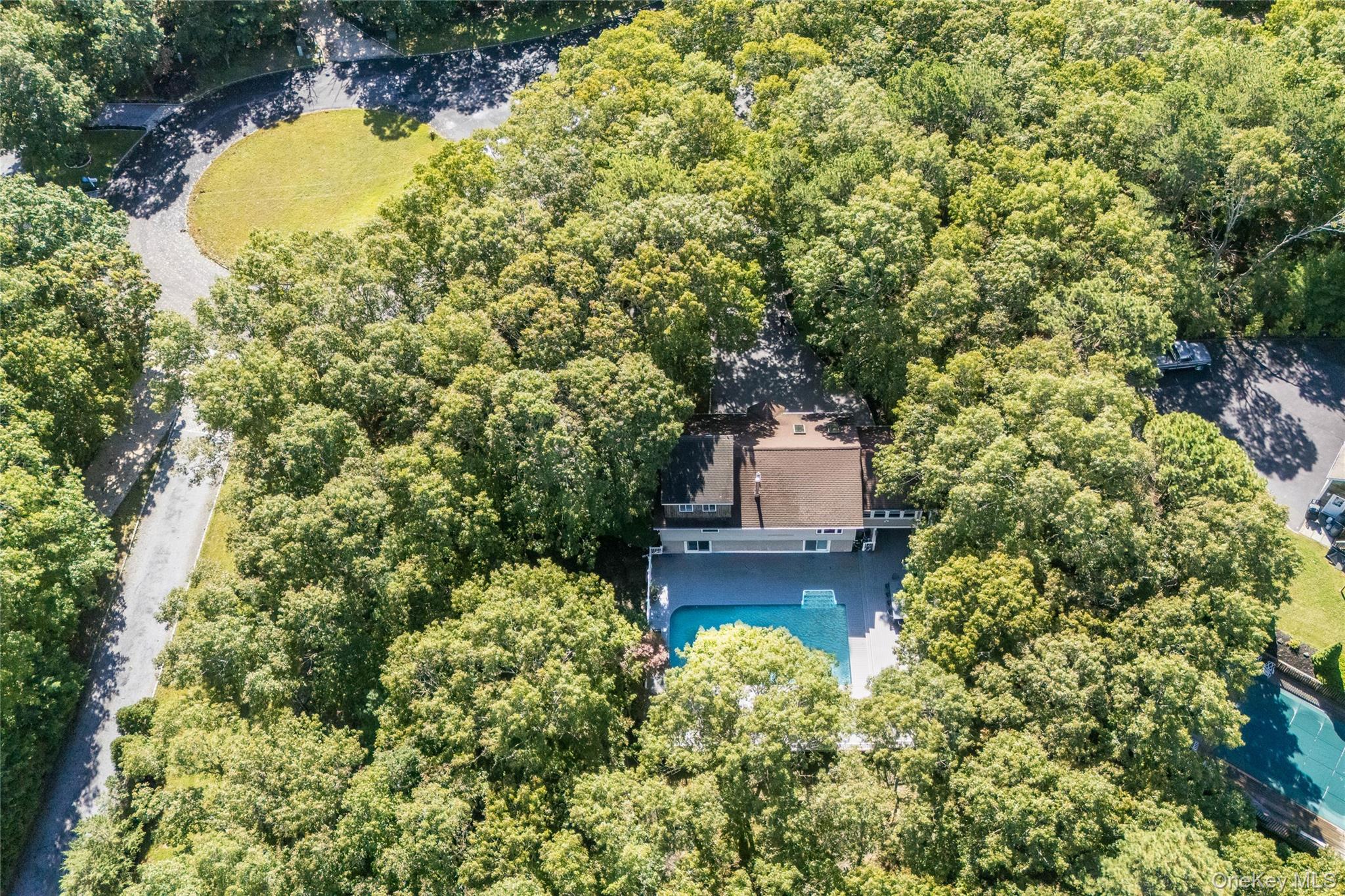 Aerial view of a tree-surrounded house with a backyard swimming pool and a curved driveway.