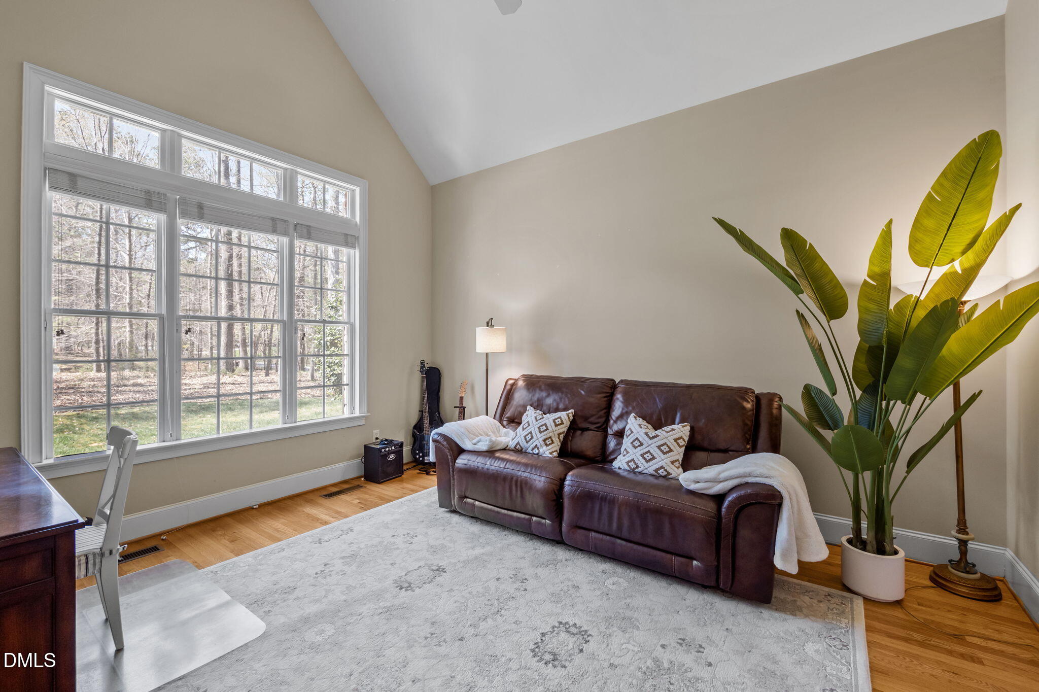 Living room with vaulted ceiling, tall windows, brown leather sofa, and a large potted plant.