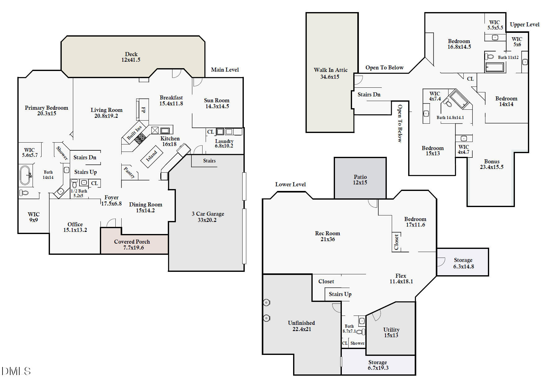 Three-level home floor plan with labeled rooms, dimensions, a three-car garage, deck, and patio.