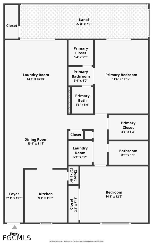 Floor plan showing two bedrooms, kitchen, dining room, laundry rooms, and a long lanai.