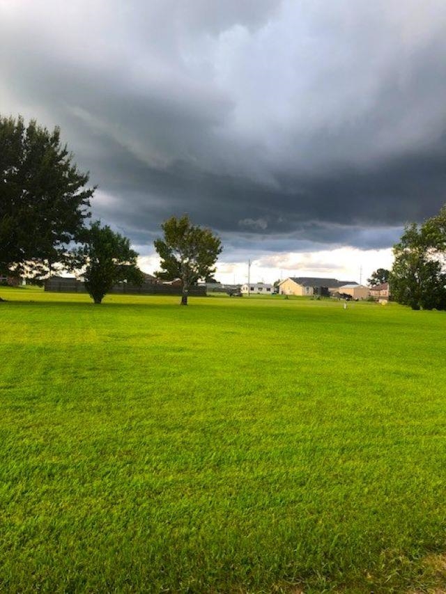 Broad green lawn with scattered trees and distant buildings beneath dark storm clouds.