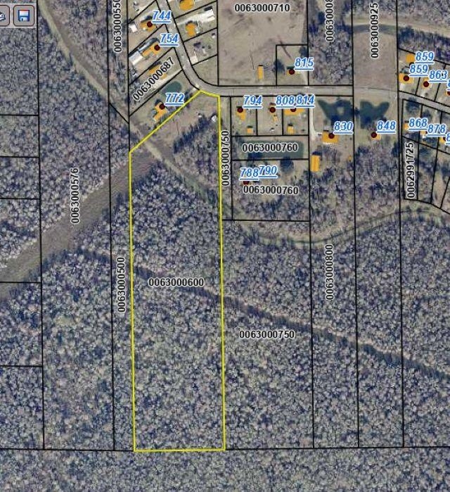 A parcel map showing a long wooded lot outlined in yellow among surrounding lots.