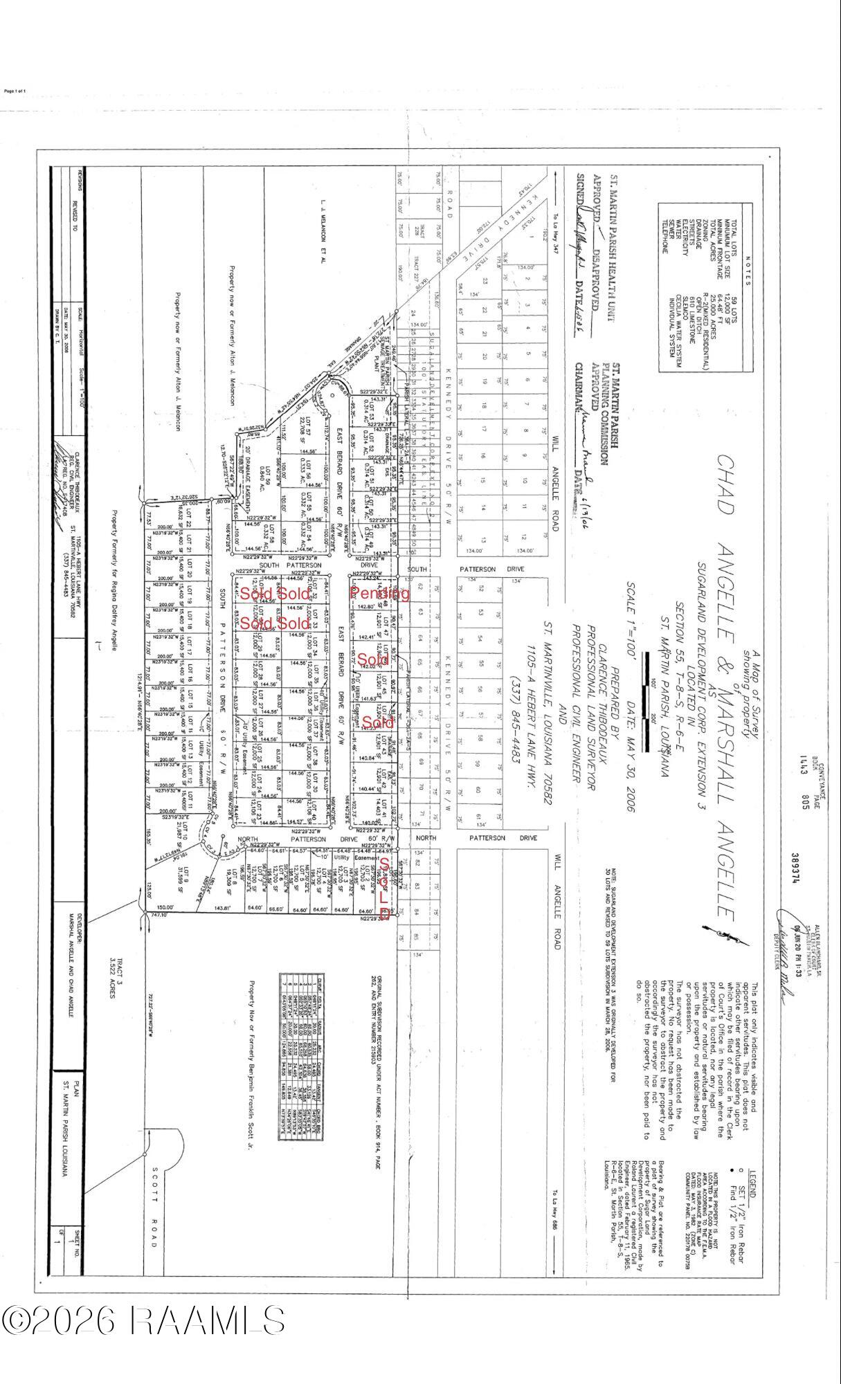 Subdivision survey plat showing numbered lots, Patterson Drive, property boundaries, and red “Sold” markings.