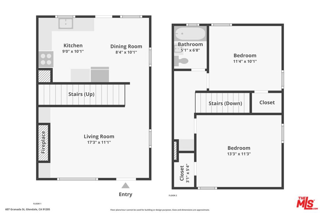 Two-story floor plan with a living room fireplace, kitchen and dining area downstairs, and two bedrooms upstairs.