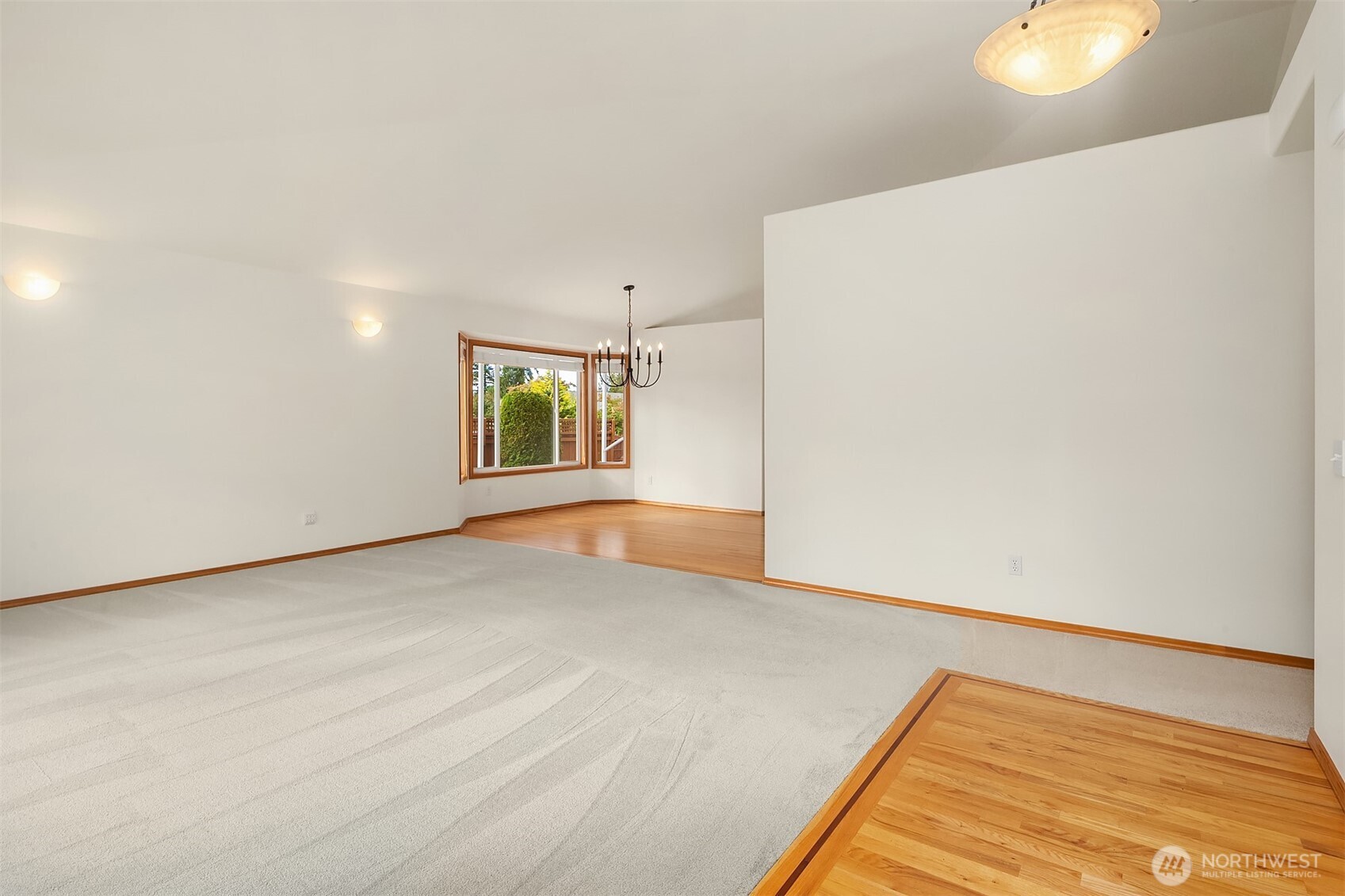 Empty living room with light carpet, hardwood flooring, and a wood-trimmed window.