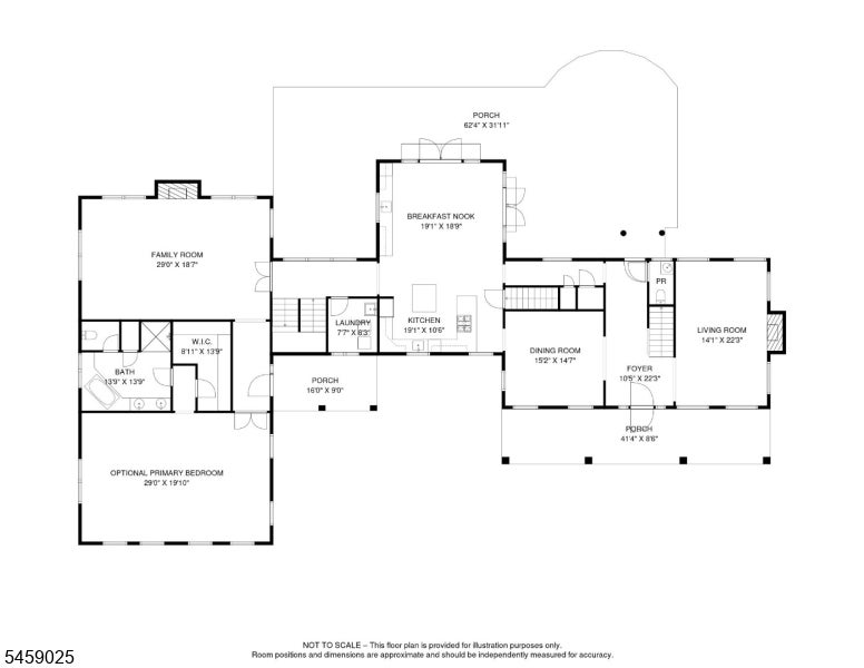 Floor plan with family room, kitchen, dining and living rooms, bath, laundry, optional primary bedroom, and porches.